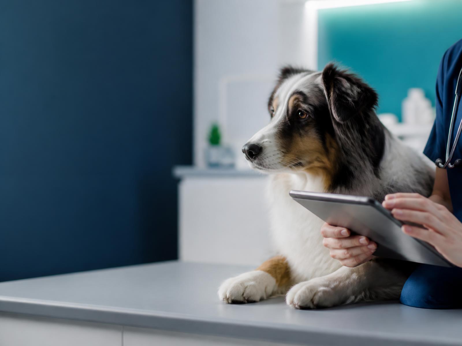 A veterinary clinician reviewing patient records on a tablet beside a calm dog